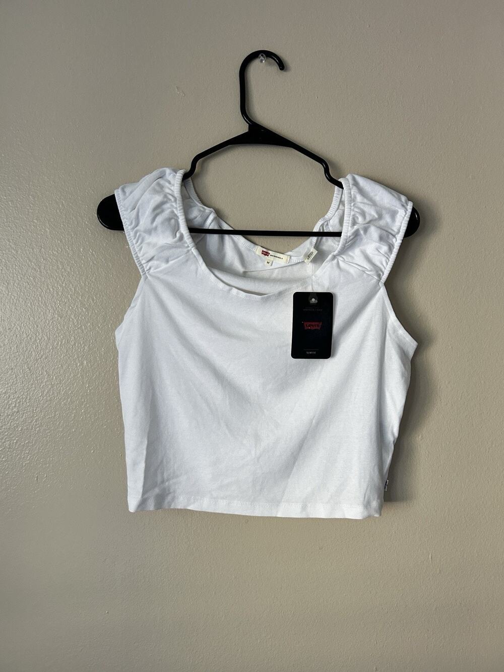 Levi's Womens White Ruffle Scoop Neck Slim Fit Crop Tank Top Size M